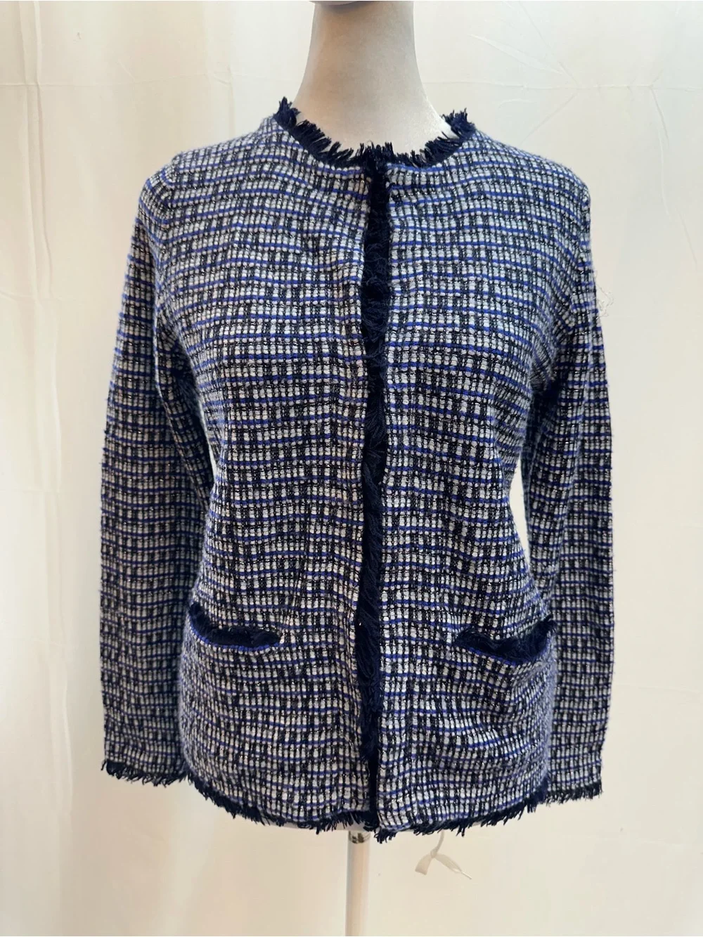 J. Crew Navy and White Tweed Fringe-Trim Jacket XS